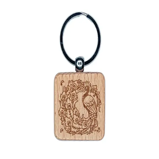 Elegant Peacock with Flowing Tail Feathers Engraved Wood Square Keychain Tag Charm {1}