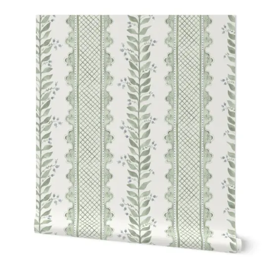 Peel & Stick Wallpaper 2FT Wide Sage Green Stripe Botanical Watercolor Garden Grandmillenial Custom Removable Wallpaper by Spoonflower {7}