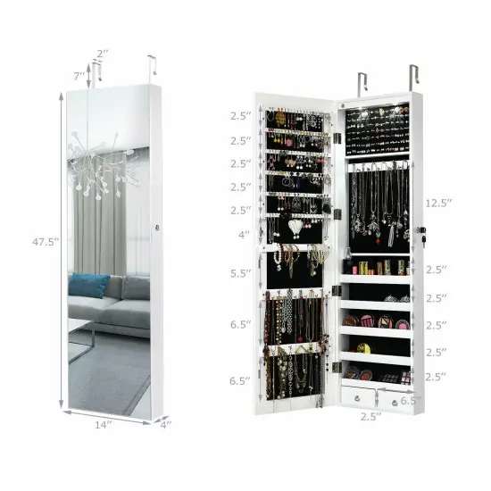 Wall and Door Mounted Mirrored Jewelry Cabinet with Lights White {3}