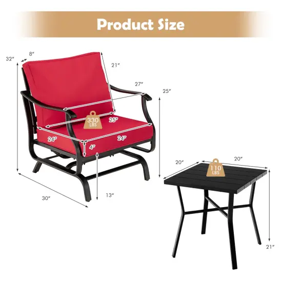3 Piece Patio Rocking Chair Set with Coffee Table-Red {4}