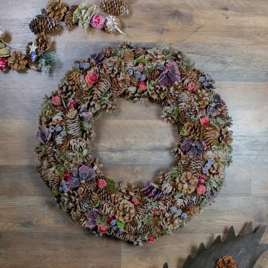 Northlight 20" Sugared Purple Flowers and Pine Cones Artificial Christmas Wreath - Unlit {3}