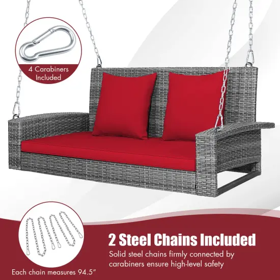 2-Person Patio PE Wicker Hanging Porch Swing Bench Chair with Cushion Red {5}