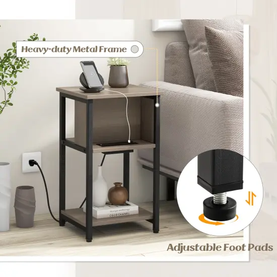 Costway 1/2 PCS Nightstand 3-Tier End Table with Charging Station USB Ports & Power Outlets Grey & Black {9}