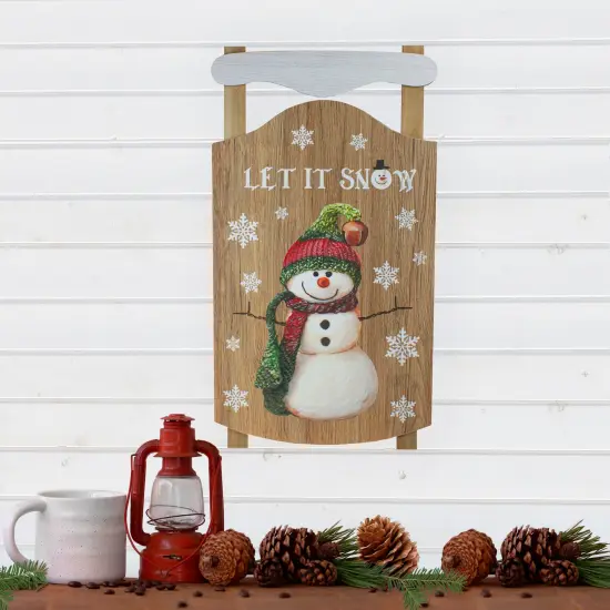 Northlight 24” Let It Snow Wooden Sled Snowman and Snowflakes Wall Sign Brown {3}