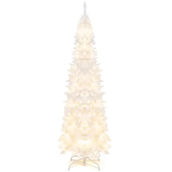 Costway 7FT Pre-Lit Hinged Pencil Christmas Tree White w/ 300 LED Lights & 8 Flash Modes {2}