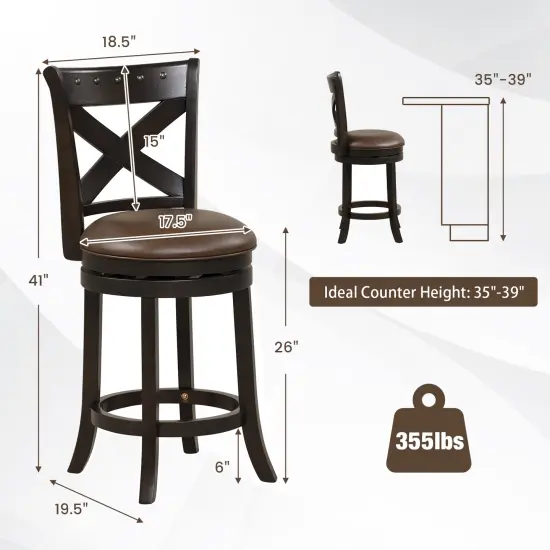 Costway 26'' Swivel Bar Stool Counter Height PU Leather Seat Rubber Wood Legs Footrest {3}