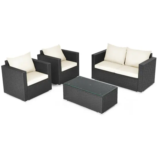 4Pcs Patio Rattan Cushioned Furniture Set White {4}