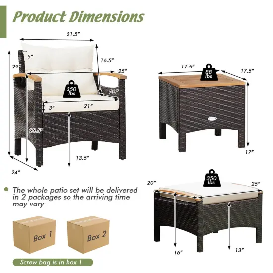 5 Pieces Patio Conversation Set with Cushions Coffee Table and 2 Ottomans {4}