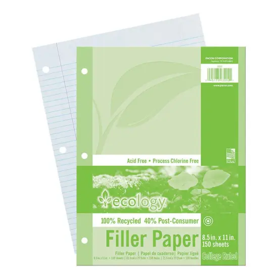 Recycled Filler Paper, White, 3-Hole Punched, 9/32" Ruled w/ Margin 8-1/2" x 11", 150 Sheets Per Pack, 6 Packs {2}