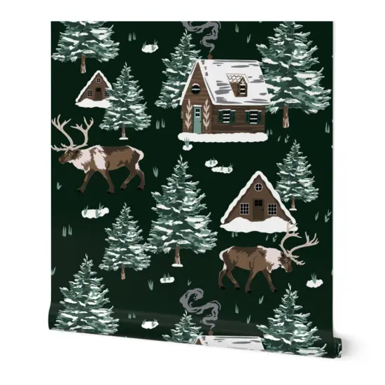 Peel & Stick Wallpaper 2FT Wide Green Cabin Winter Wonderland Christmas Reindeer Forest Cottage Snowy Alpine Holiday Cozy Chalets Custom Removable Wallpaper by Spoonflower {7}