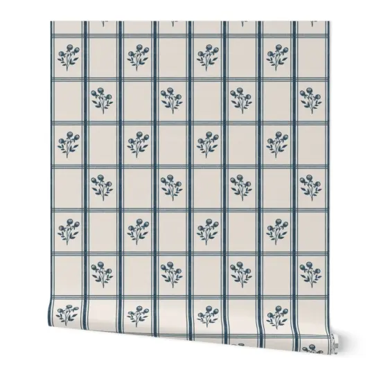 Peel & Stick Wallpaper 2FT Wide Modern Farmhouse French Floral Cottage Core Traditional Blue Cream Custom Removable Wallpaper by Spoonflower {7}