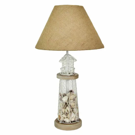 White and Grey Metal Mesh Seashell Filled Lighthouse Table Lamp with Cone Shade {1}