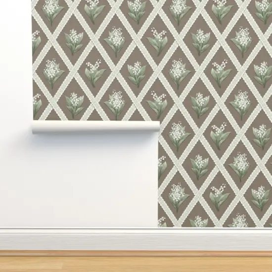 Pre-Pasted Wallpaper 2FT Wide Traditional Floral Lattice Earth Tones Cottagecore Cream Brown Green Custom Pre-pasted Wallpaper by Spoonflower {2}