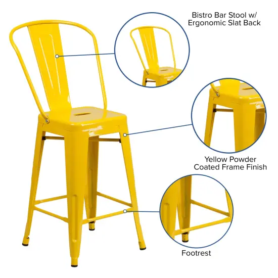 Merrick Lane Dothan Series Metal Stool with Removable Back for Indoor-Outdoor Use Yellow {2}