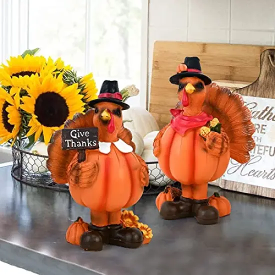 Standing Turkey Couple Thanksgiving Decorations, 2 Pack Resin Turkeys Give Thanks Autumn Fall Tabletop Decor Figurine Decorative Centerpieces Harvest Home Ornament {4}