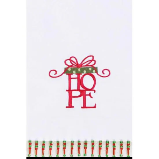 Christmas Present "Hope " Embroidered 100% Cotton Beaded Guest Dishtowel {1}