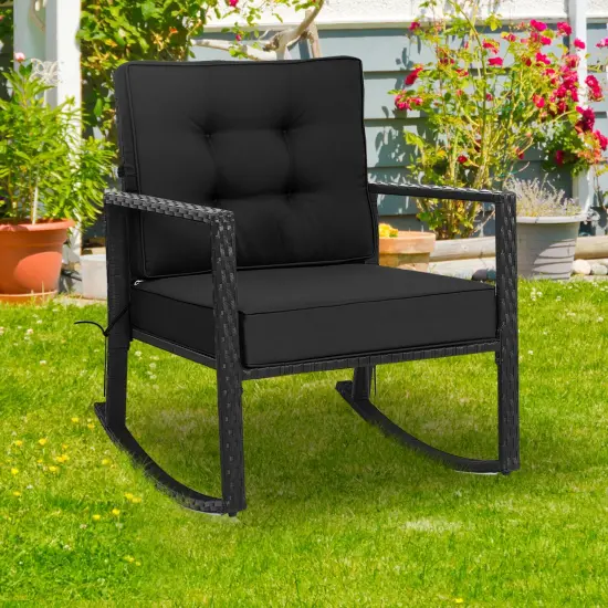 Patio Rattan Rocker Outdoor Glider Rocking Chair Cushion Lawn Black {6}