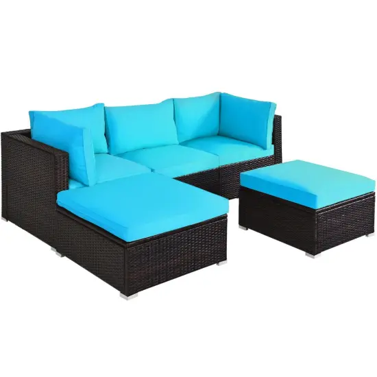 5 Pieces Patio Sectional Rattan Furniture Set with Ottoman Table Navy {7}