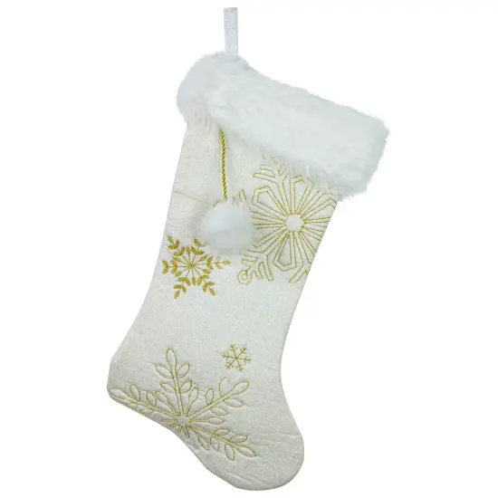 Northlight 20" Cream with Gold Snowflakes Christmas Stocking with Faux Fur Cuff White {1}