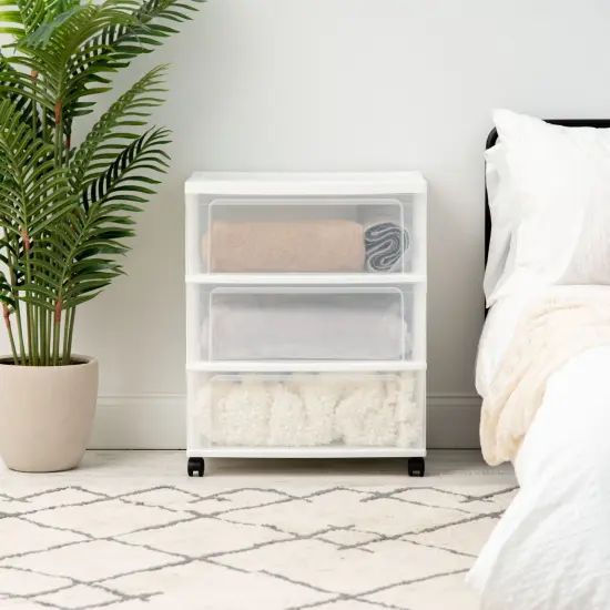 IRIS USA 3 Drawer Wide Storage Drawer Cart with Caster Wheels, Plastic Rolling Dresser for Home Closet Bedroom Bathroom Office Laundry Kitchen Craft Room Nursery and School Dorm, White/Clear {3}