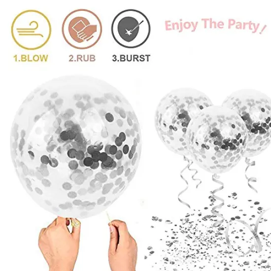 50 Pack 12 Inch White and Silver Confetti Latex Balloons - Silver Metallic Chrome Party Balloons with Silver Ribbon for Wedding, Birthday, and Baby Shower Decorations {5}