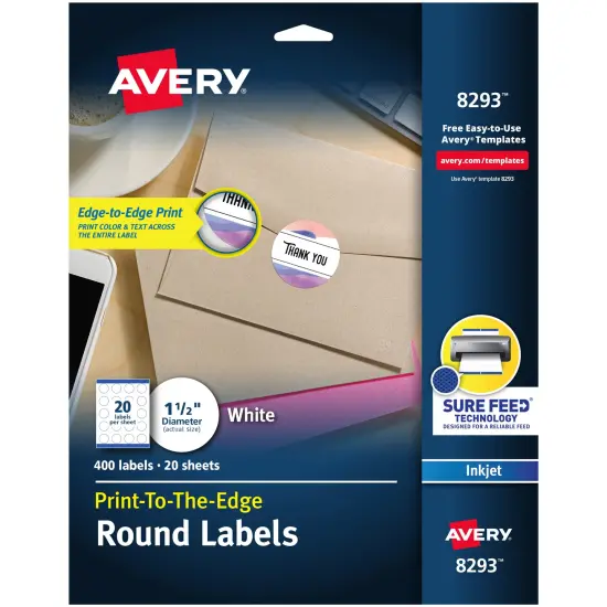 Avery Print-to-the-Edge Round Labels, Sure Feed Technology, Permanent Adhesive, 1-1/2", 400 Labels (8293) {1}
