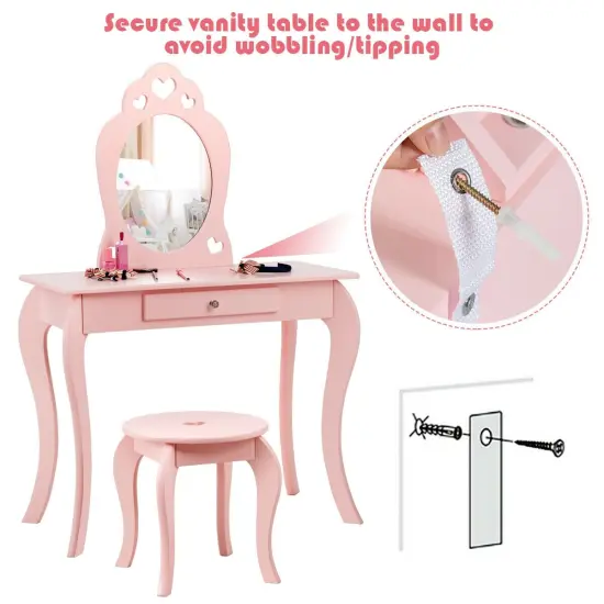 Kids Princess Makeup Dressing Play Table Set with Mirror Pink {5}
