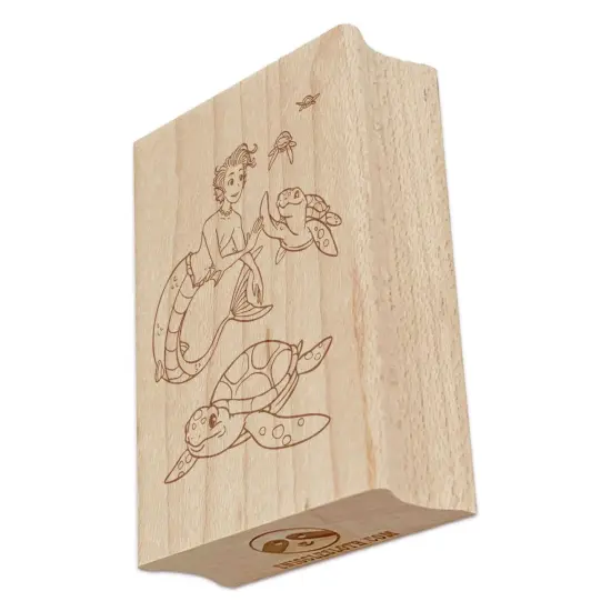Mermaid Boy Giving High Fives to Sea Turtles Rectangle Rubber Stamp for Stamping Crafting {7}