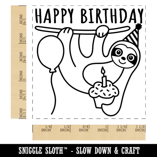 Happy Birthday Sloth with Cupcake Self-Inking Rubber Stamp Ink Stamper Black {1}