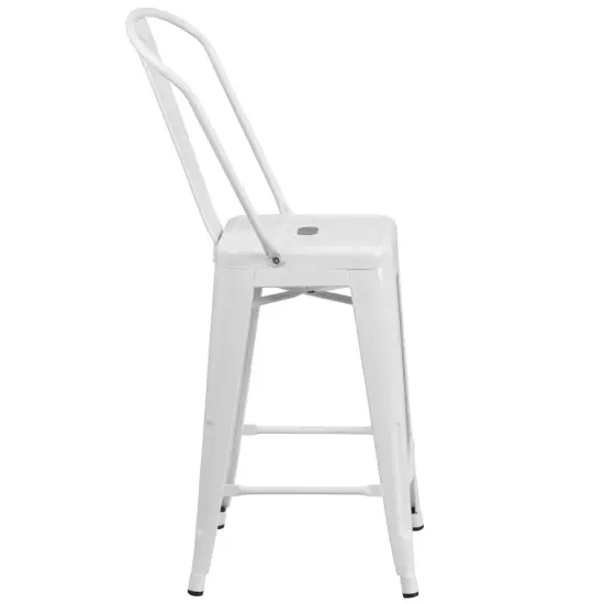 Emma and Oliver Commercial Grade 4 Pack 24" High Metal Indoor-Outdoor Counter Height Stool with Back White {5}