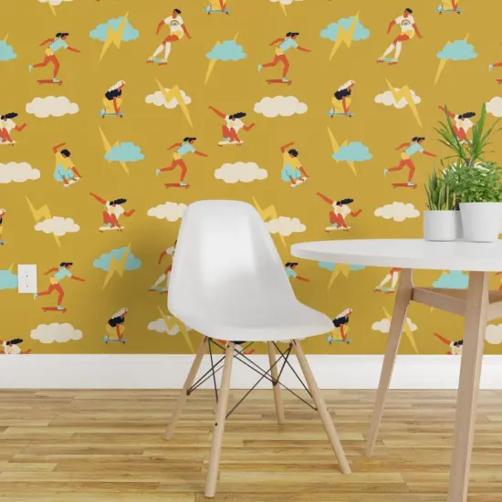 Peel & Stick Wallpaper 2FT Wide Skater Girls Retro 1970S Skateboard Feminism Women Skateboarding Custom Removable Wallpaper by Spoonflower {1}