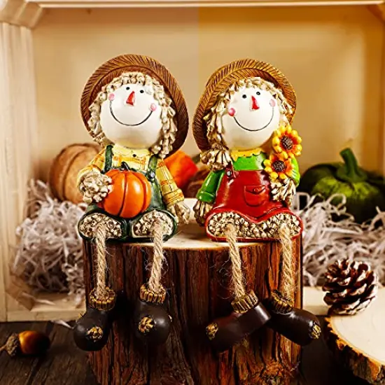 Fall Figurines, Set of 2 Resin Scarecrow Shelf Sitters with Dangling Legs, Fruit Harvest Sculpture for Window Sill Kitchen Tabletop Autumn Home Decoration {6}