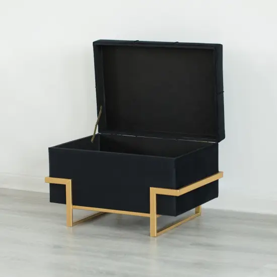 Rectangle Velvet Storage Ottoman Stool Box with Abstract Golden Legs | Decorative Sitting Bench for Living Room Home Decor with Unique Base Support Black Small {4}