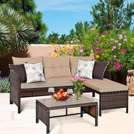 3 Piece Patio Wicker Rattan Sofa Set Beige {2}