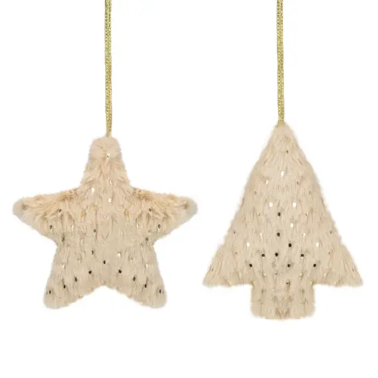 Northlight Sequin Faux Fur Star and Christmas Tree Ornaments - 4.25" - Beige - Set of 2 {1}