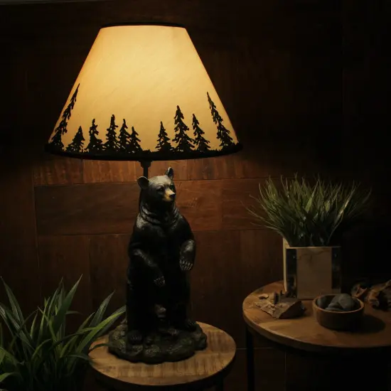 Standing Grizzly Bear Table Resin Lamp with Silhouette Forest Shade {7}