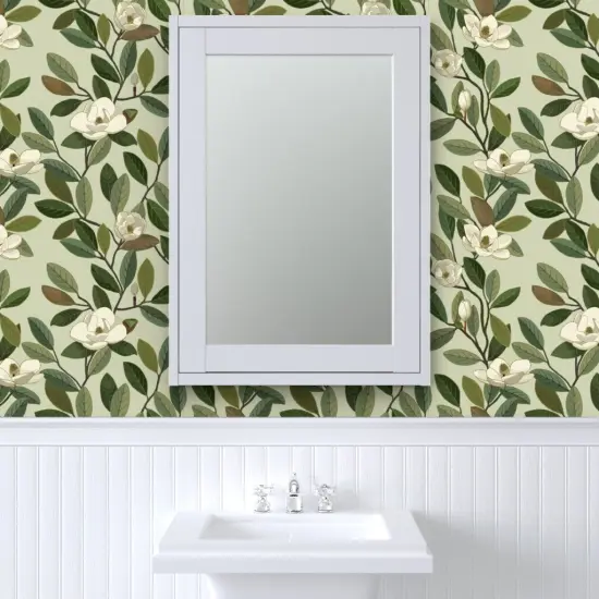 Peel & Stick Wallpaper 2FT Wide Magnolia Blooms Green White Flowers Botanical Floral Custom Removable Wallpaper by Spoonflower {6}