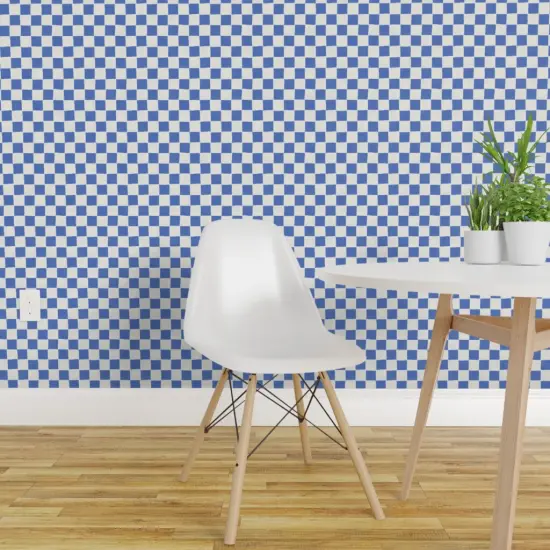 Peel & Stick Wallpaper 2FT Wide Blue Geometric Hand-Drawn Stamp Checkered Checks Block Print Medium Scale Race Rally Finish Flag Custom Removable Wallpaper by Spoonflower {1}