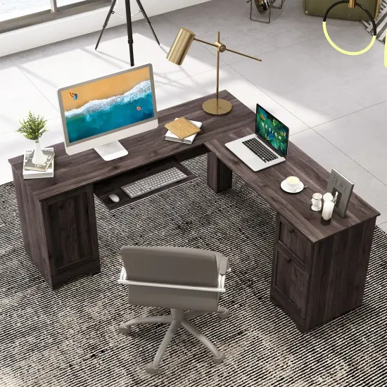L-Shaped Office Desk with Storage Drawers and Keyboard Tray Dark Brown {5}