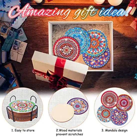 8 Pcs Coasters with Holder - Mandala DIY Diamond Art Crafts for Adults, Small Diamond Painting Kits Accessories {2}
