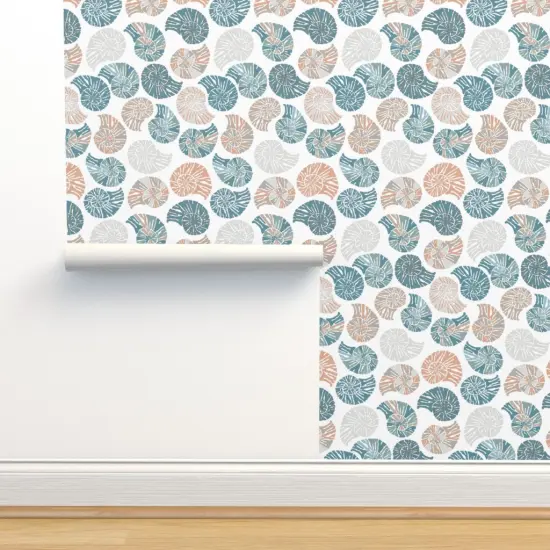 Peel & Stick Wallpaper 2FT Wide Coastal Shells Beach Blue Terra Cotta Seashells Nautical Custom Removable Wallpaper by Spoonflower {2}