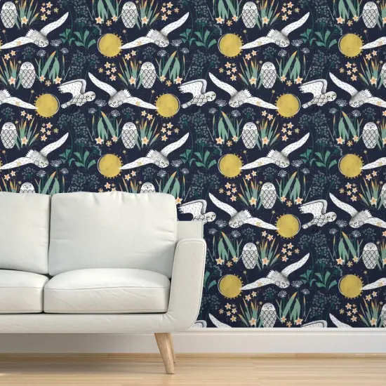 Pre-Pasted Wallpaper 2FT Wide Snowy Owls Botanical Folk Art Xl Scale Jumbo Mid Century Queen Anne Lace Cottagecore Custom Pre-pasted Wallpaper by Spoonflower {5}