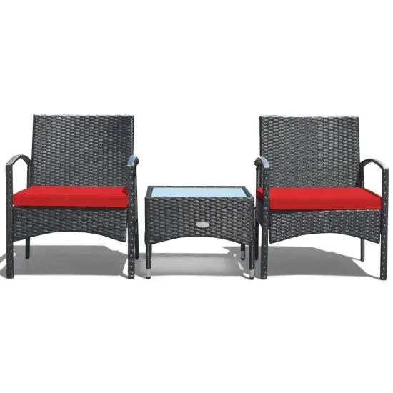 3 Pieces Patio Wicker Rattan Furniture Set with Cushion for Lawn Backyard Red {1}