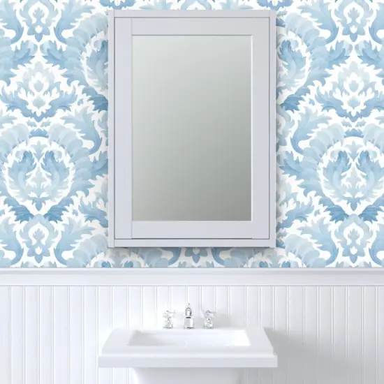 Pre-Pasted Wallpaper 2FT Wide Watercolor Damask Botanical Floral Light Blue Monochrome Classic Baroque Acanthus Leaf Custom Pre-pasted Wallpaper by Spoonflower {6}