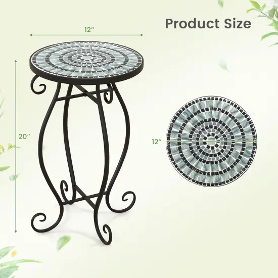 12" Round Ceramic Tile Table with Floral Mosaic Design and Metal Legs Ideal for Balcony or Deck Black & Smoke Blue {3}