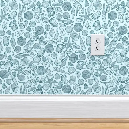 Peel & Stick Wallpaper 2FT Wide Blue Seashells Monochromatic Medium Scale Line Art Custom Removable Wallpaper by Spoonflower {4}