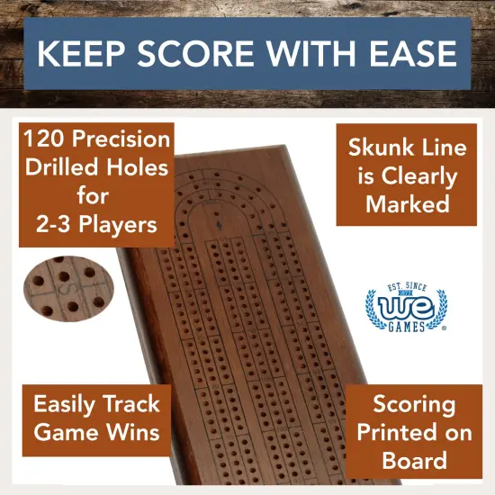 WE Games Classic Cribbage Set - Solid Wood Continuous 3 Track Board with Metal Pegs {3}