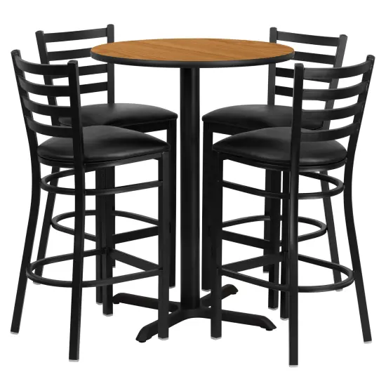 Emma and Oliver 30" Round Laminate Table Set with X-Base and 4 Ladder Back Stools NaturalTop/BlackVYL {1}