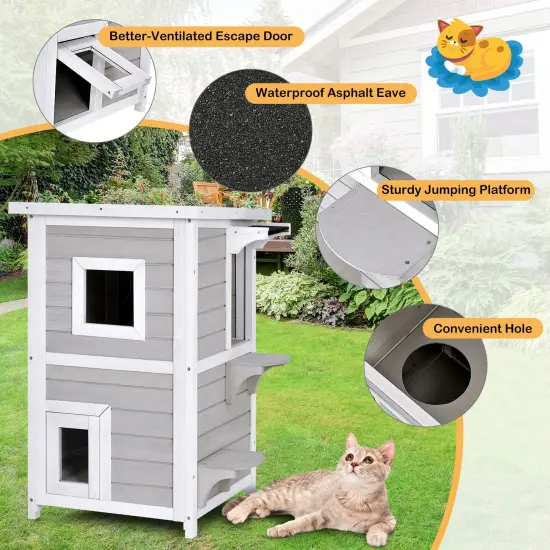 2-Story Wooden Cat House with Escape Door Rainproof {6}