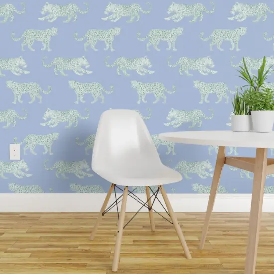 Peel & Stick Wallpaper 2FT Wide Animal Green Blue Nature Illustrative Big Cat Custom Removable Wallpaper by Spoonflower {1}